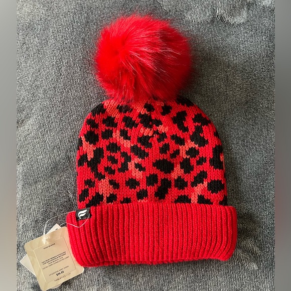 Fabletics Accessories - NWT Fabletics Red Leopard Beanie with Pom Pom